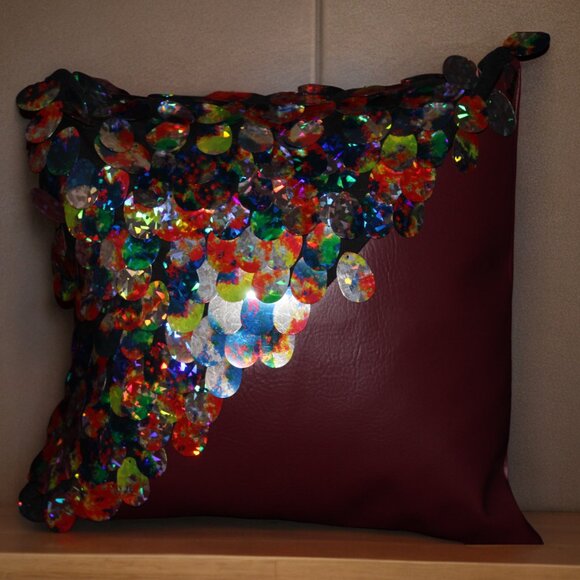 New Item Alert! Multi-Color Sequin/Burgundy Faux Leather Throw Pillow